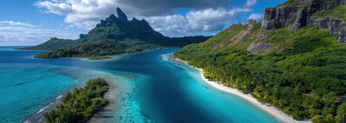 panoramic aerial view of the beautiful island of bora bora. lagoons with crystal-clear waters, blue sky with white clouds, lush greenery and tropical rainforests