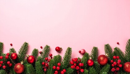Christmas garland with red ornaments and berries on pink background.