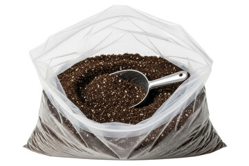 Open plastic bag of potting soil with a metal garden scoop on a transparent background