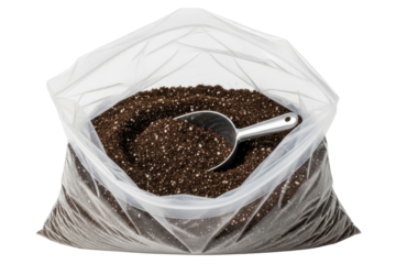 Open plastic bag of potting soil with a metal garden scoop on a transparent background