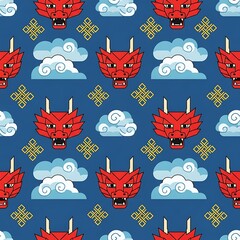 Seamless pattern of red Chinese dragon heads, clouds, and yellow endless knots on a blue background.