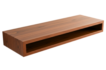 Modern floating wall shelf made from dark-grained wood on a transparent background