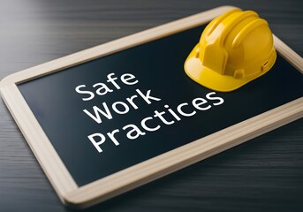 Yellow hard hat on a chalkboard with Safe Work Practices text promoting workplace safety and compliance for training materials