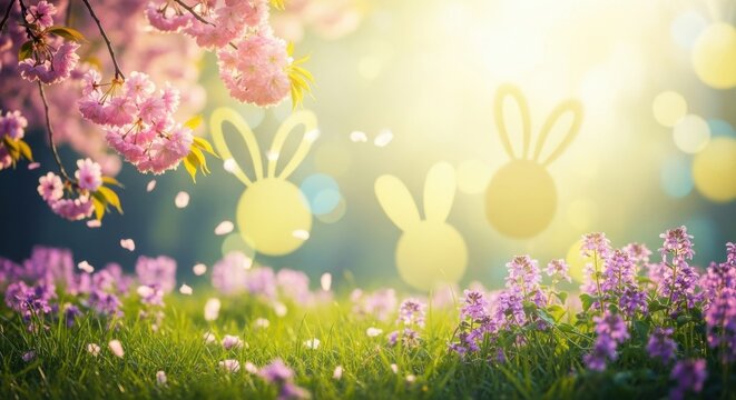 Easter bunny silhouettes among spring blossoms and flowers