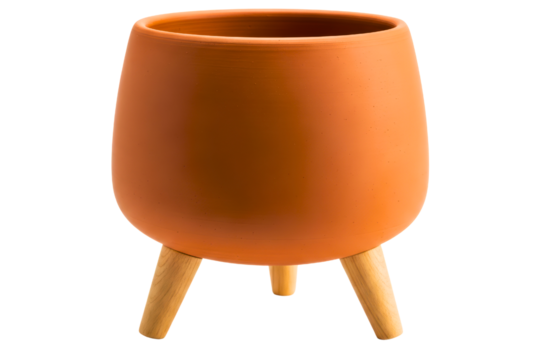 Planter pot with three wooden legs on a transparent background