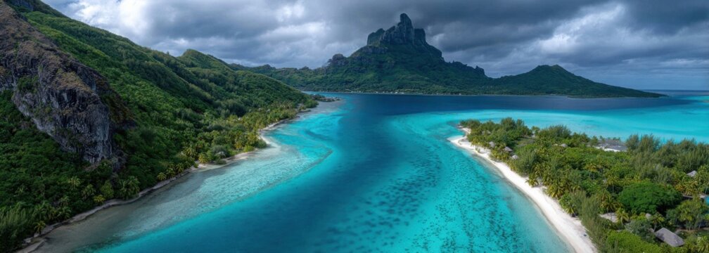 panoramic aerial view of the beautiful island of bora bora. lagoons with crystal-clear waters, blue sky with white clouds, lush greenery and tropical rainforests - Powered by Adobe