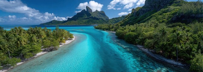 panoramic aerial view of the beautiful island of bora bora. lagoons with crystal-clear waters, blue sky with white clouds, lush greenery and tropical rainforests