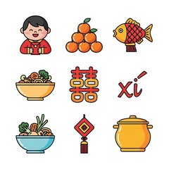 Set of Chinese New Year and Wedding Icons with Boy, Fish, Oranges, and Double Happiness Symbol