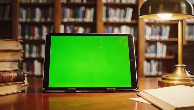 A tablet with a green screen rests on a desk in a classic library setting.