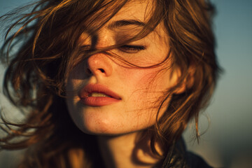 Sunlit close-up portrait of a young woman with freckles and windswept hair, eyes closed in a serene golden-hour moment of peaceful reflection