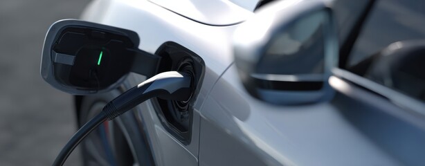 The Electric Car Charging Station Closeup Showing Plugged-In Charging Connector and Cable