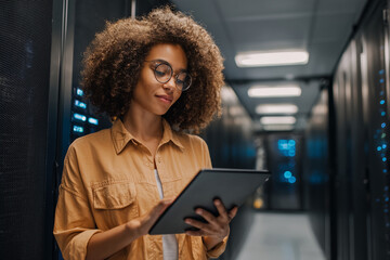 Confident IT engineer monitoring data center infrastructure with tablet in a modern server room — female technician managing servers, networks, and systems.