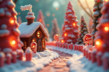 Magical Gingerbread House in Snowy Christmas Forest Scene