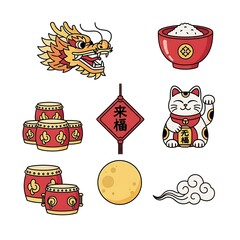 Set of colorful Asian cultural icons featuring a dragon head, lucky cat, drums, rice, and moon.