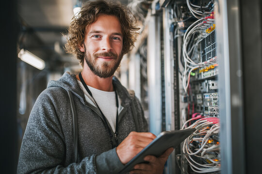 Smiling IT technician inspecting server racks with tablet in a modern data center — network engineer maintaining cables, hardware and infrastructure