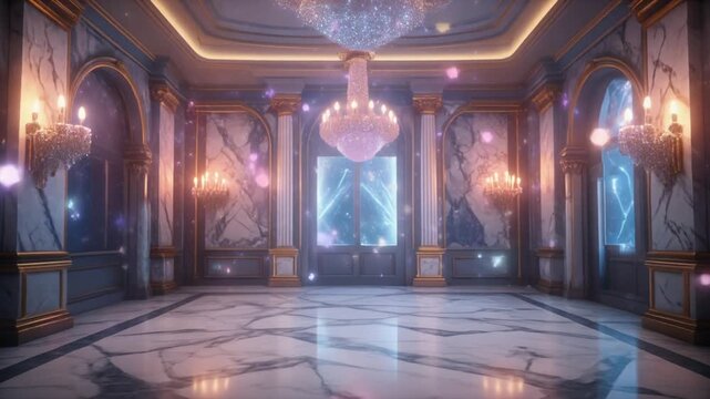 Elegant Grand Ballroom Interior With Crystal Chandeliers Gold Accents Marble Floors Soft Lighting