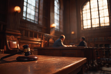 Wooden gavel on polished bench in historic courtroom with blurred attorneys and sunlit windows — classic symbol of law, justice and trials