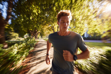 Young man running through sunlit park pathway — motion-blurred outdoor workout capturing speed, focus and determination during a morning fitness run