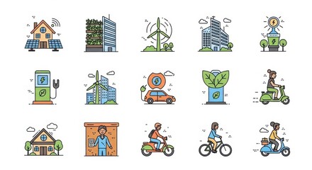 Fototapeta premium Eco-friendly city icons and sustainable transport illustrations