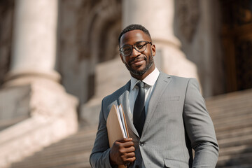 Confident professional in a tailored gray suit holding documents outside a courthouse, executive portrait conveying leadership and credibility.