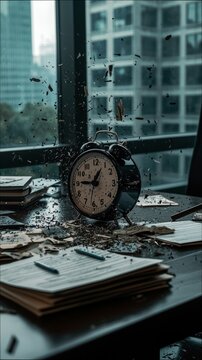 An alarm clock is exploding on a desk covered in papers and debris, with a city view in the background. The scene is indoors with dramatic lighting.