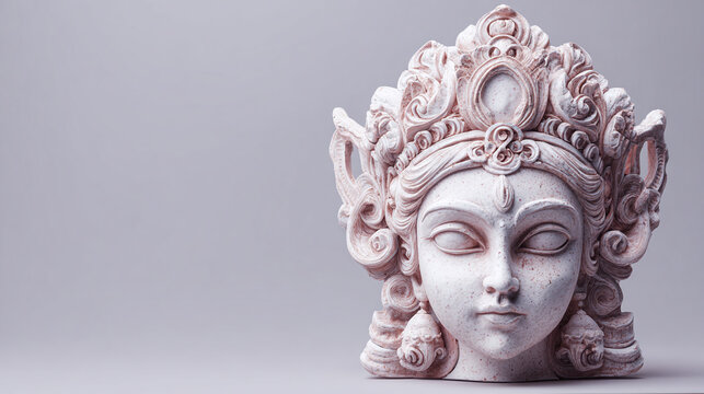 A serene sculpture of a divine entity with intricate details. The sculpture features an ornate crown and calm facial expression