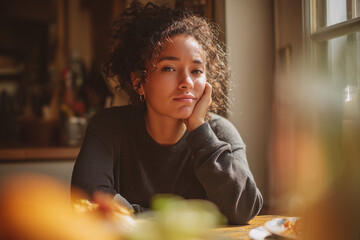 Pensive young woman sitting by a sunlit window in a cozy kitchen — thoughtful portrait with warm natural light and relaxed contemplative mood