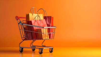 shopping cart full of shopping bags or gifts isolated on orange background