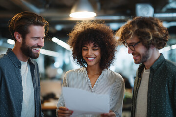 Smiling diverse creative team reviewing a project document together in a modern office — teamwork, collaboration and positive energy