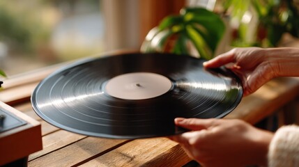 Obraz premium Music Nostalgia - Hands Holding Vinyl Record in Sunlit Cozy Room for Retro