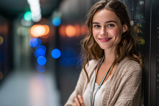 Confident IT professional smiling in a modern data center, leaning against server racks with colorful bokeh lights and warm ambient glow