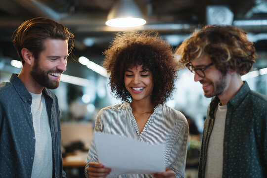 Smiling diverse creative team reviewing a project document together in a modern office — teamwork, collaboration and positive energy