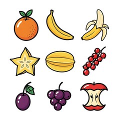 Set of nine colorful fruit icons including orange, banana, star fruit, grapes, and plum.