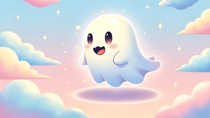 Cute cartoon ghost floating among pastel clouds and stars in a dreamy sky scene