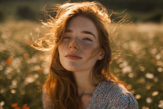 Sunlit portrait of a freckled redhead woman in a wildflower meadow — golden hour backlight, windblown hair and a serene summer expression - Powered by Adobe