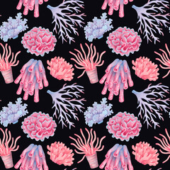 Seamless pattern with colorful corals. Watercolor illustration of underwater marine animals. Hand-drawn art. Background for decorative projects, fabrics, textiles, packaging and wallpaper.