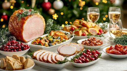 Festive Christmas dinner table spread with a roasted ham, cranberries, and vegetables. Holiday celebration meal with sparkling wine for seasonal gathering.