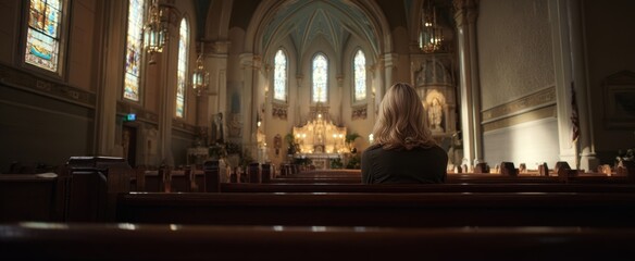 The woman praying alone in a sunlit ornate church interior at dusk