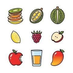 Vibrant Cartoon Fruit and Juice Icon Set with Apple, Durian, Mango, and Berries