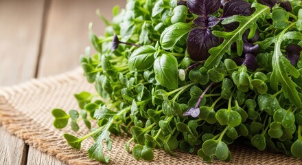 Fresh Microgreens with Water Droplets on Burlap