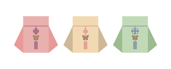 A traditional Korean lucky bag set featuring traditional decorative elements, including norigae knots and butterfly motifs. Ideal for Seollal (Lunar New Year) design and Asian promotional designs.