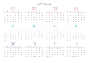 A simple full-year 2026 calendar template. This minimalist vector illustration features 12 months in a simple, cool grid layout.