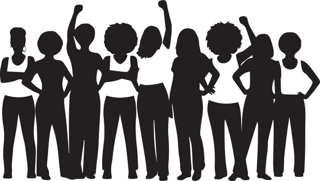 Diverse group of women silhouetted with raised fists in solidarity