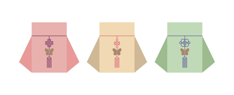 A traditional Korean lucky bag set featuring traditional decorative elements, including norigae knots and butterfly motifs. Ideal for Seollal (Lunar New Year) design and Asian promotional designs.