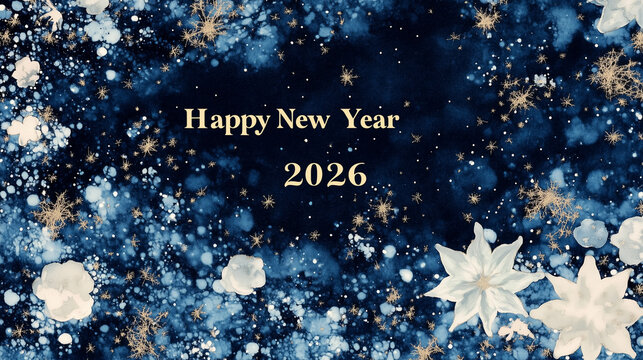 "Happy New Year 2026" celebration design with floral and starry night elements. Navy blue and white greeting card with golden accents