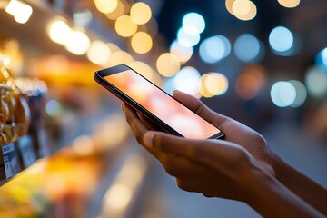 A person uses a smartphone at night in a brightly lit store, browsing products or apps