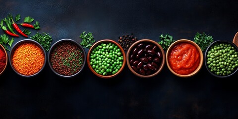 A colorful row of bowls filled with various legumes, vegetables, and sauces, garnished with fresh parsley and chili peppers, sits on a dark rustic background