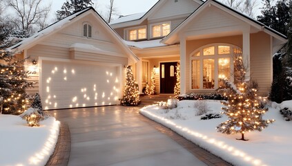 A charming house, beautifully decorated with Christmas lights, sits nestled in a snowy landscape, creating a festive winter scene