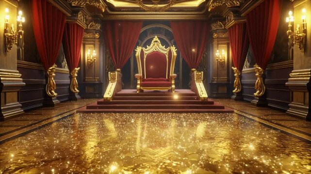 Opulent Throne Room Interior With Golden Decorations Red Curtains and Ornate Details