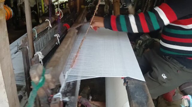Handloom weaver working in loom	